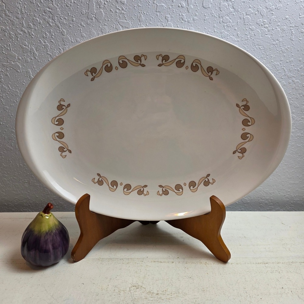 MCM 70s Style House 'Juno' Oval Serving Platter 14.5 inch Tan Brown Scroll